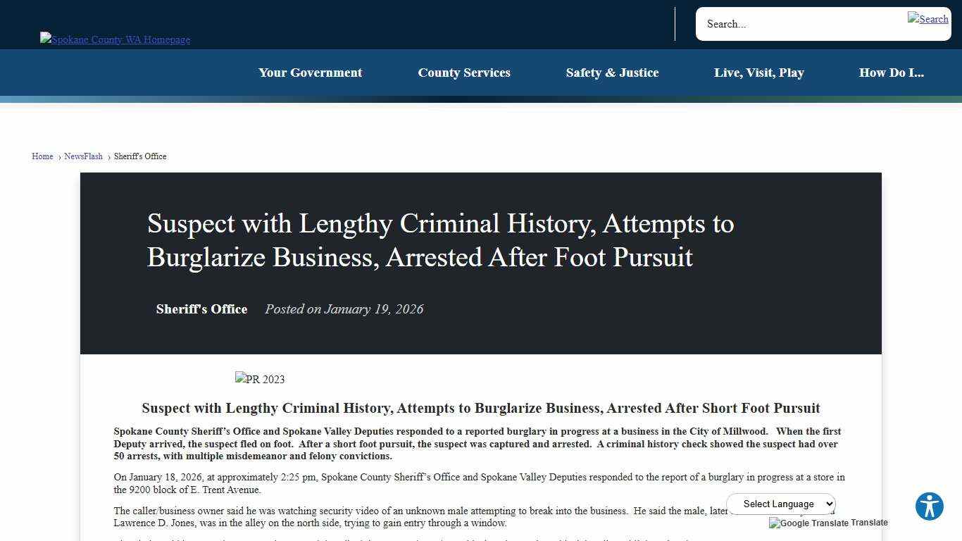 Suspect with Lengthy Criminal History, Attempts to Burglarize Business, Arrested After Foot Pursuit • Spokane County, WA